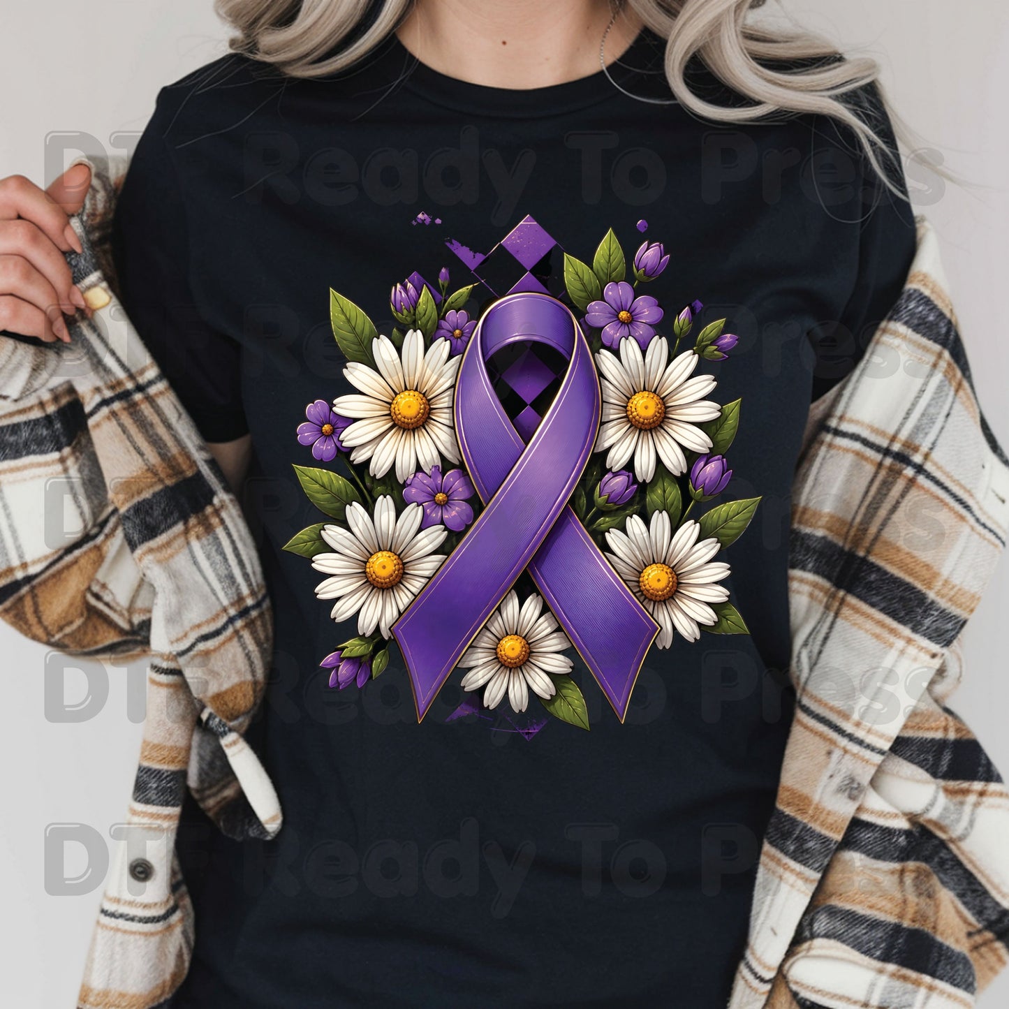 Purple Ribbon DTF Transfer Ready to Press Daisies Flowers Awareness Heat Transfer Tee Print Direct to Film Transfer