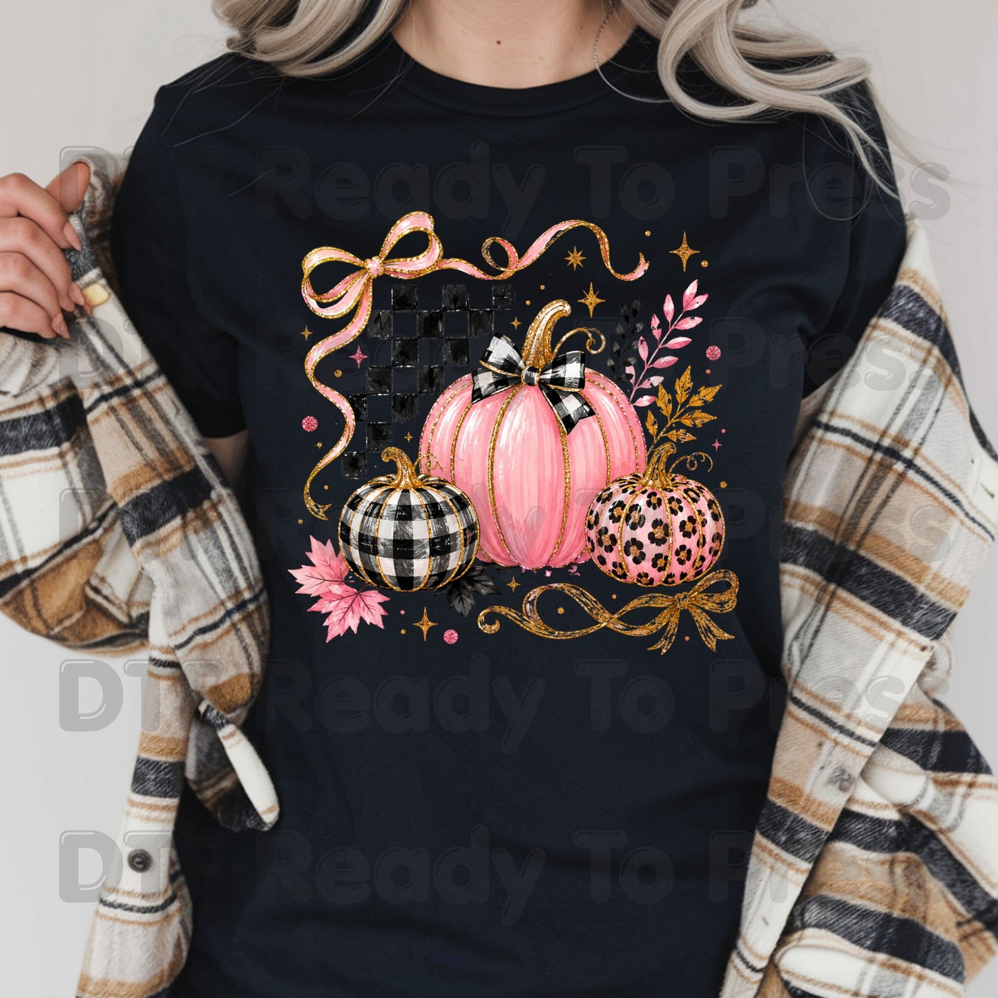 Pink Coquette Fall Pumpkin DTF Transfers, Leopard Plaid Ribbon Bow Checkered Autumn Ready to Press