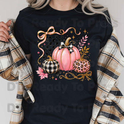 Pink Coquette Fall Pumpkin DTF Transfers, Leopard Plaid Ribbon Bow Checkered Autumn Ready to Press