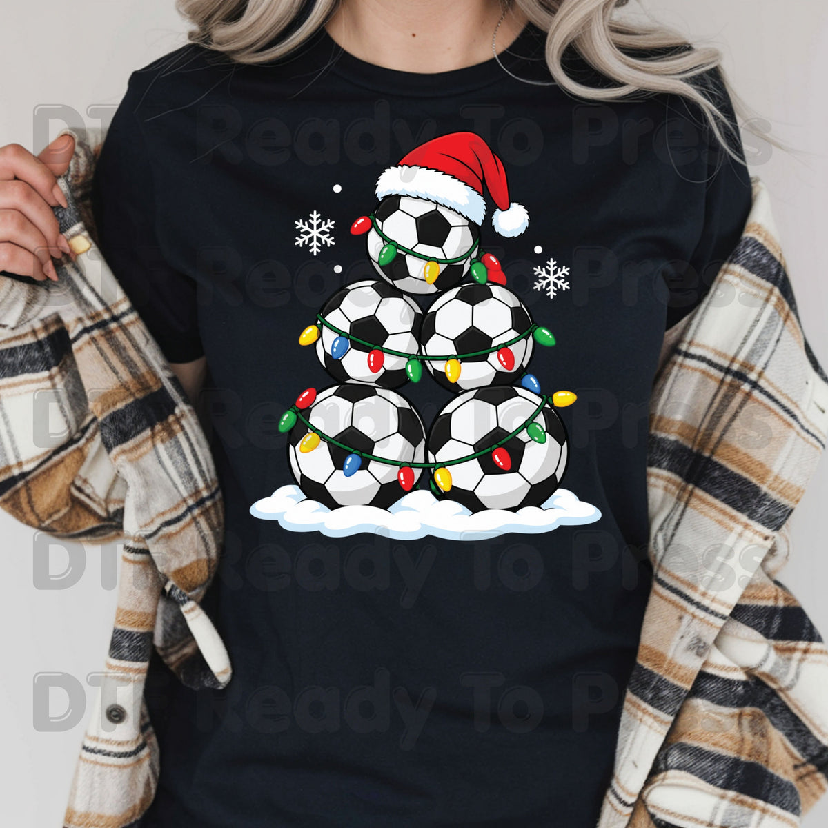 Christmas DTF Transfer, Soccer Ball Christmas Tree, Santa Hat and Lights Graphic
