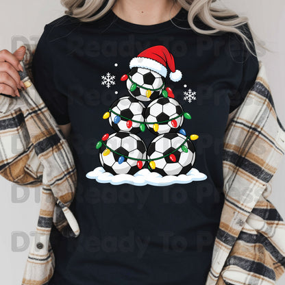 Christmas DTF Transfer, Soccer Ball Christmas Tree, Santa Hat and Lights Graphic