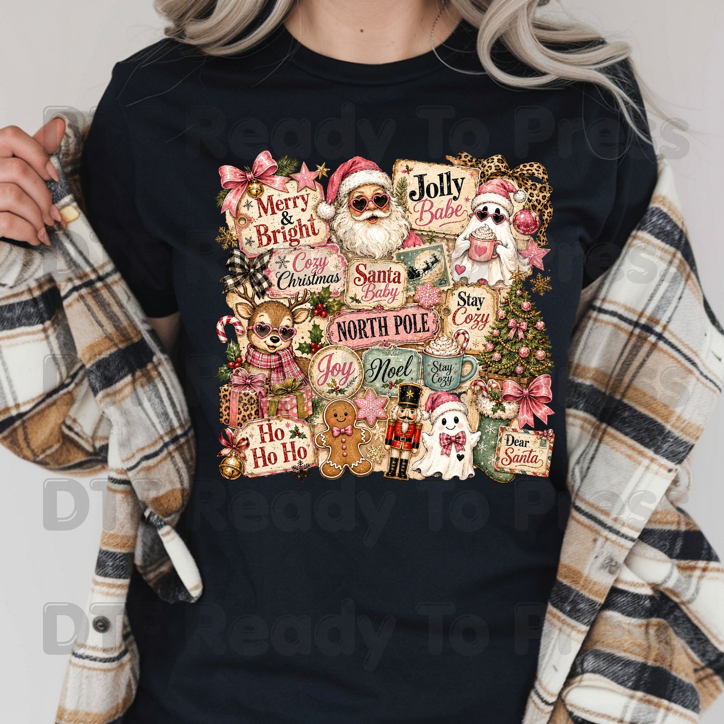 Cozy Pink Christmas Collage DTF Transfers, Santa Reindeer Gingerbread Nutcracker North Pole Holiday Ready to Press