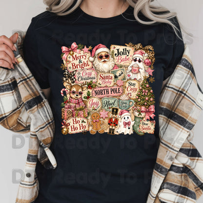 Cozy Pink Christmas Collage DTF Transfers, Santa Reindeer Gingerbread Nutcracker North Pole Holiday Ready to Press
