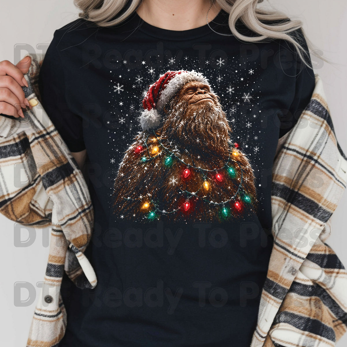 Christmas Bigfoot DTF Transfer, Santa Sasquatch Lights