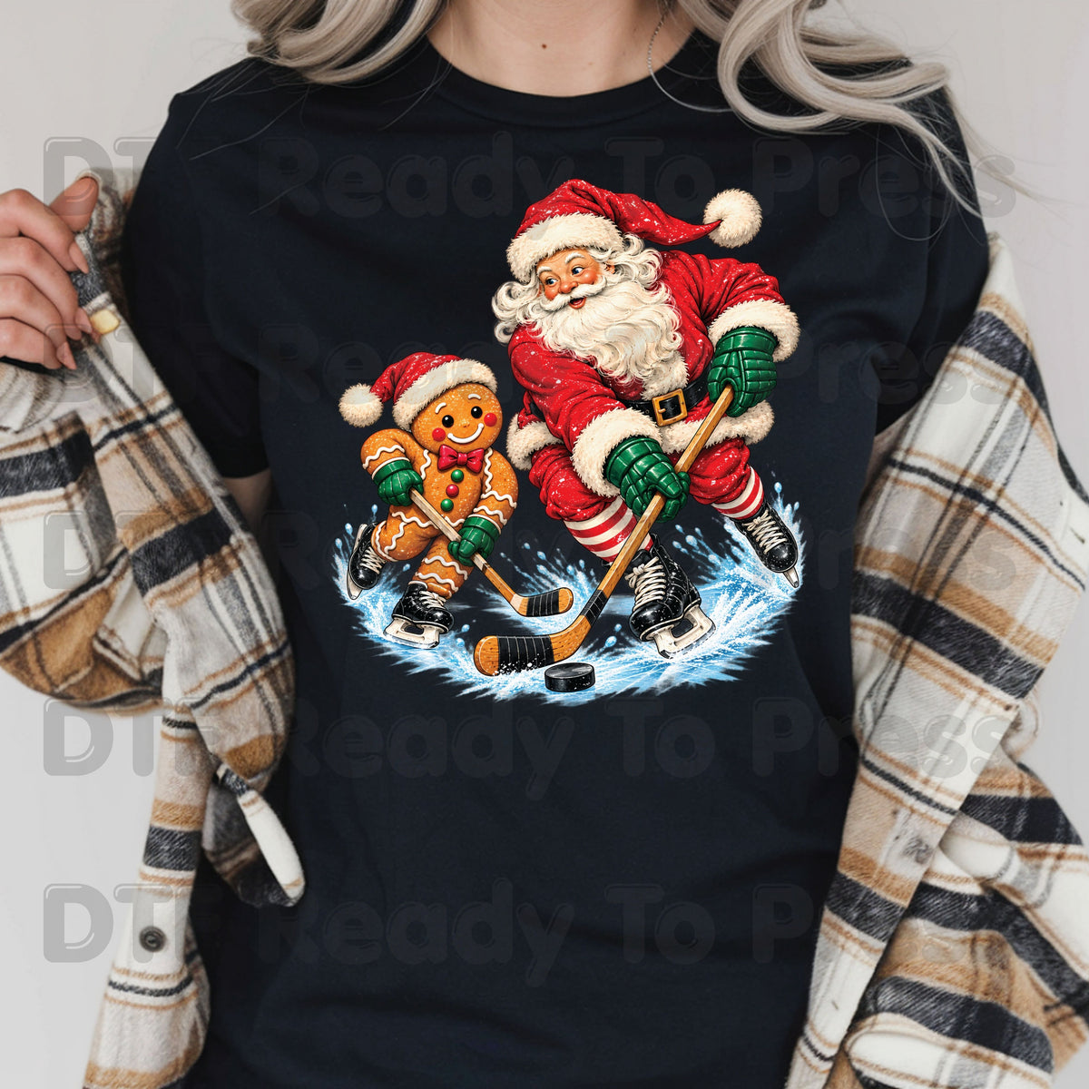 Christmas DTF Transfer, Santa and Gingerbread Man Playing Hockey, Holiday Sports Graphic