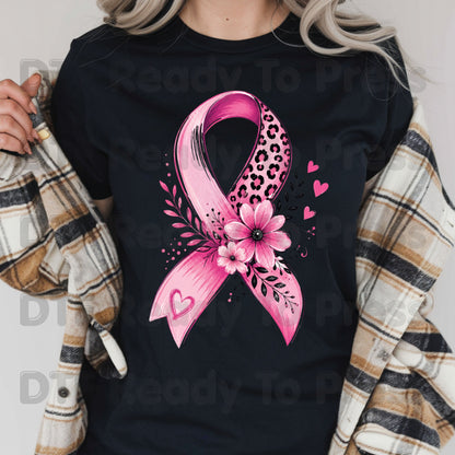 Leopard Floral Pink Ribbon Breast Cancer Awareness DTF Transfer Ready to Press Heat Transfer Tee