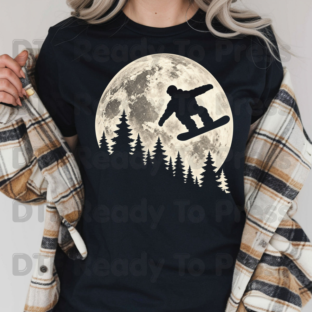 Snowboarding DTF Transfer, Full Moon Snowboarder and Pine Tree Silhouette