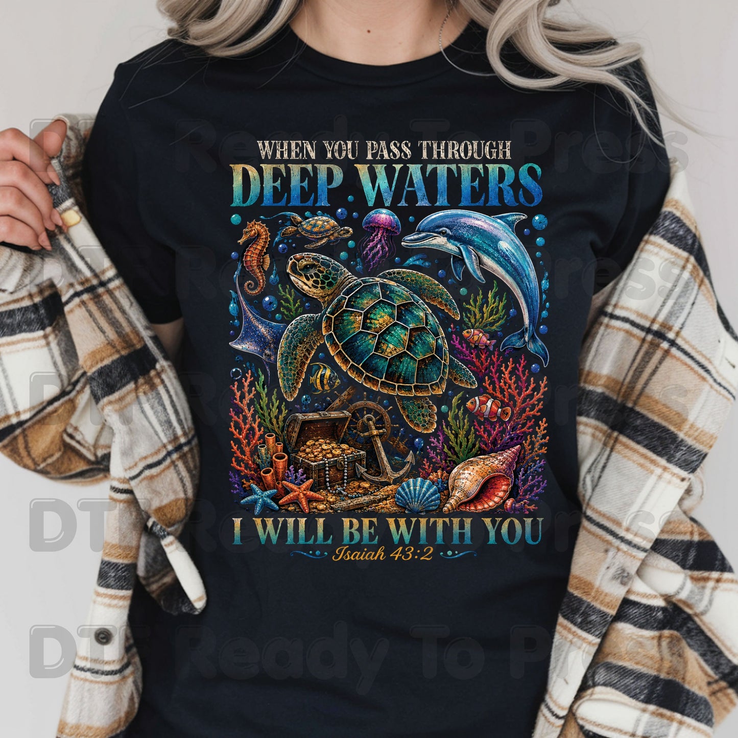 Bible verse Christian Heat Transfer When You Pass Through Deep Waters I Will Be With You DTF Transfer Ready to Press Isaiah 43:2 Ocean Sea Turtle Dolphin Tee