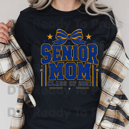 Senior Mom 2027 DTF Transfers, Royal Blue Yellow Cheer Bow Varsity Graduation Mother Ready to Press