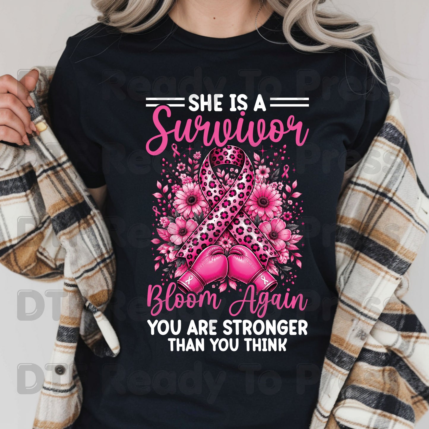 Survivor Bloom Again Breast Cancer Awareness DTF Transfer Ready to Press Heat Transfer Leopard Floral Tee
