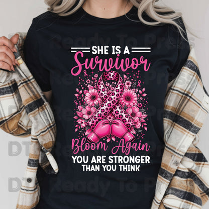 Survivor Bloom Again Breast Cancer Awareness DTF Transfer Ready to Press Heat Transfer Leopard Floral Tee