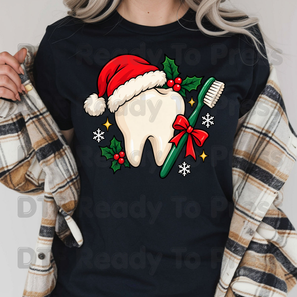 Christmas Tooth Santa Hat DTF Transfers, Dental Holiday Toothbrush Dentist Graphic Ready to Press