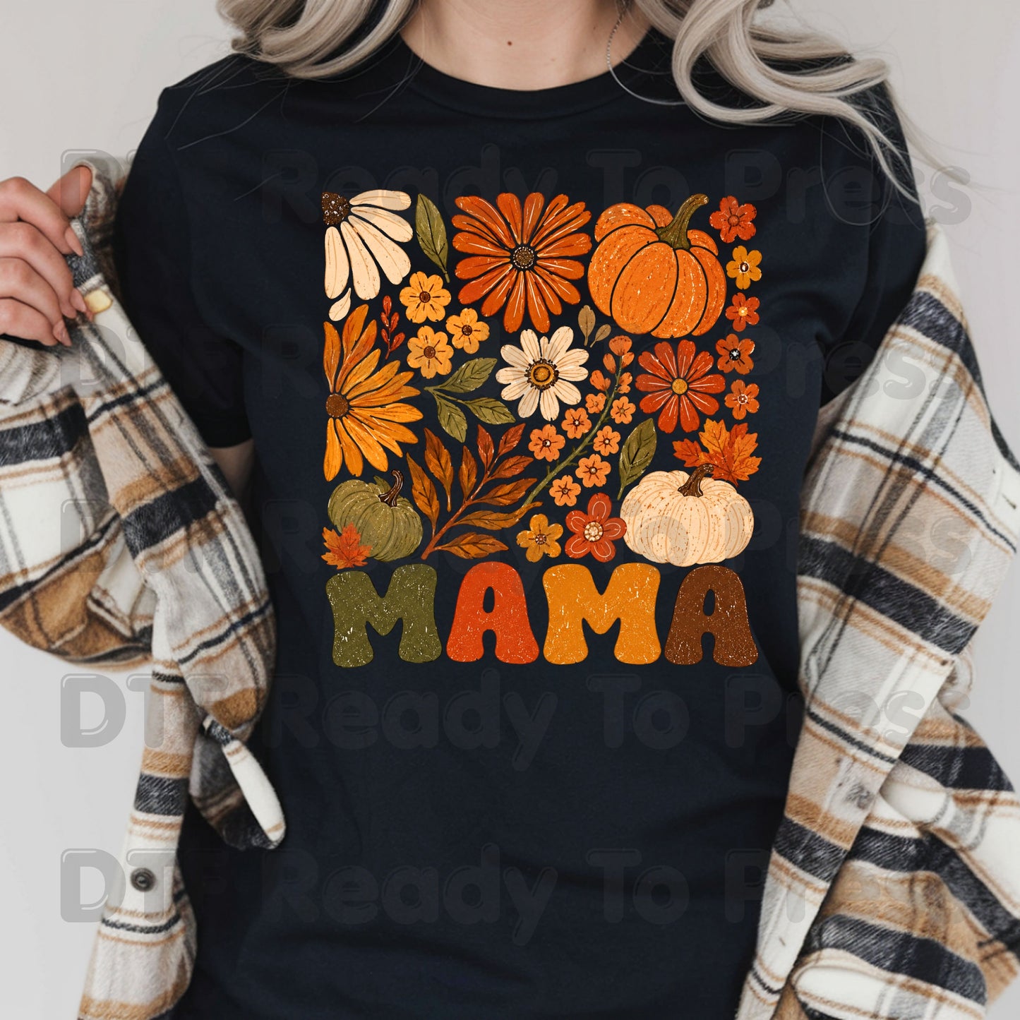 Mama Fall Floral Pumpkins DTF Transfers, Retro Groovy Autumn Flowers Thanksgiving Ready to Press