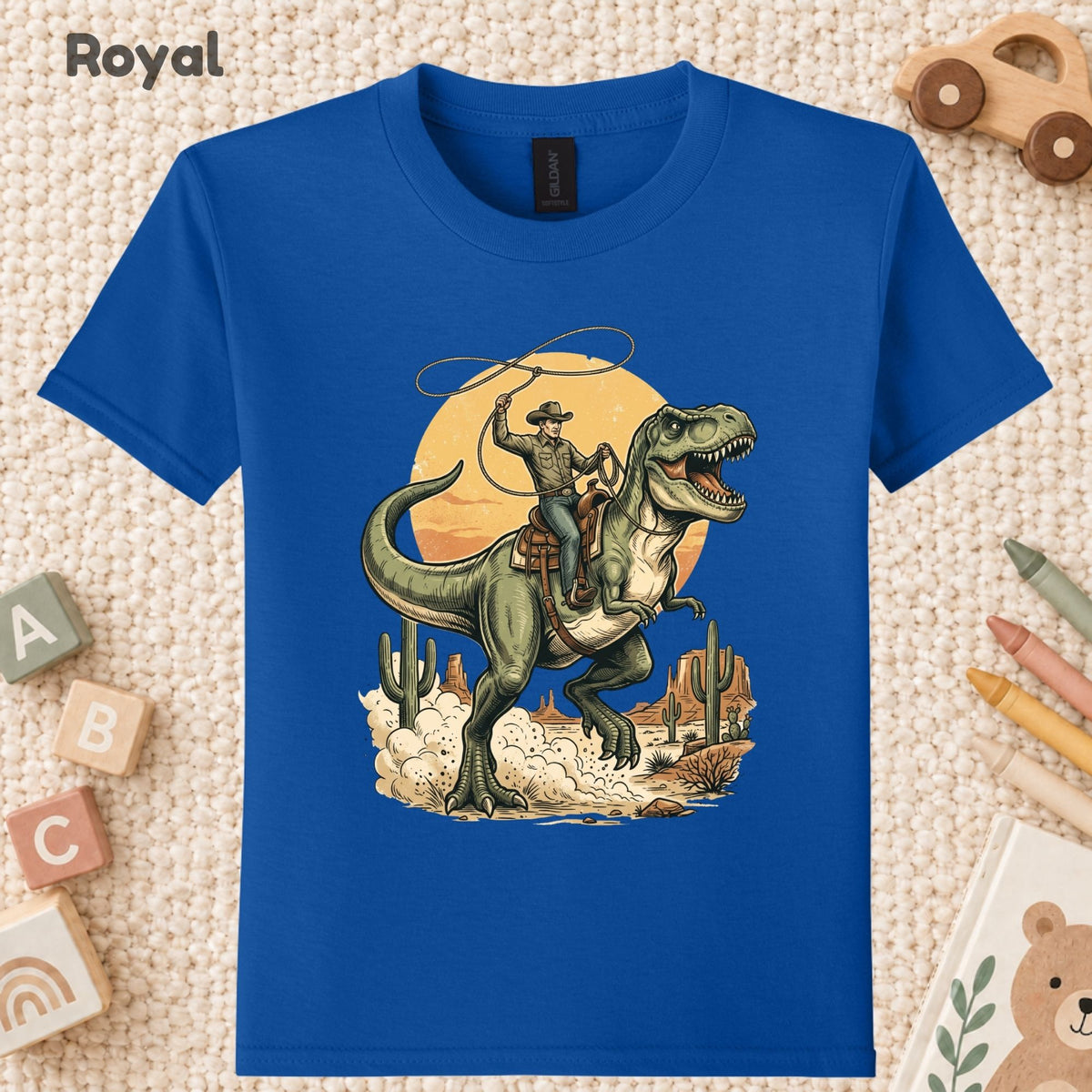 Cowboy Riding T-Rex Western T-Shirt, Rodeo Dinosaur Desert Cactus Tee for Toddler and Kids