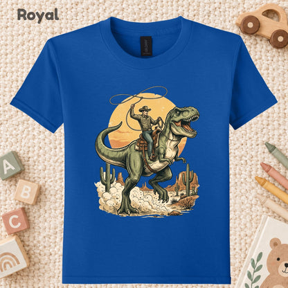 Cowboy Riding T-Rex Western T-Shirt, Rodeo Dinosaur Desert Cactus Tee for Toddler and Kids