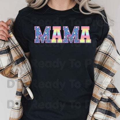 Mama DTF Transfers, Floral Plaid Rainbow Pastel Retro Mama Ready to Press