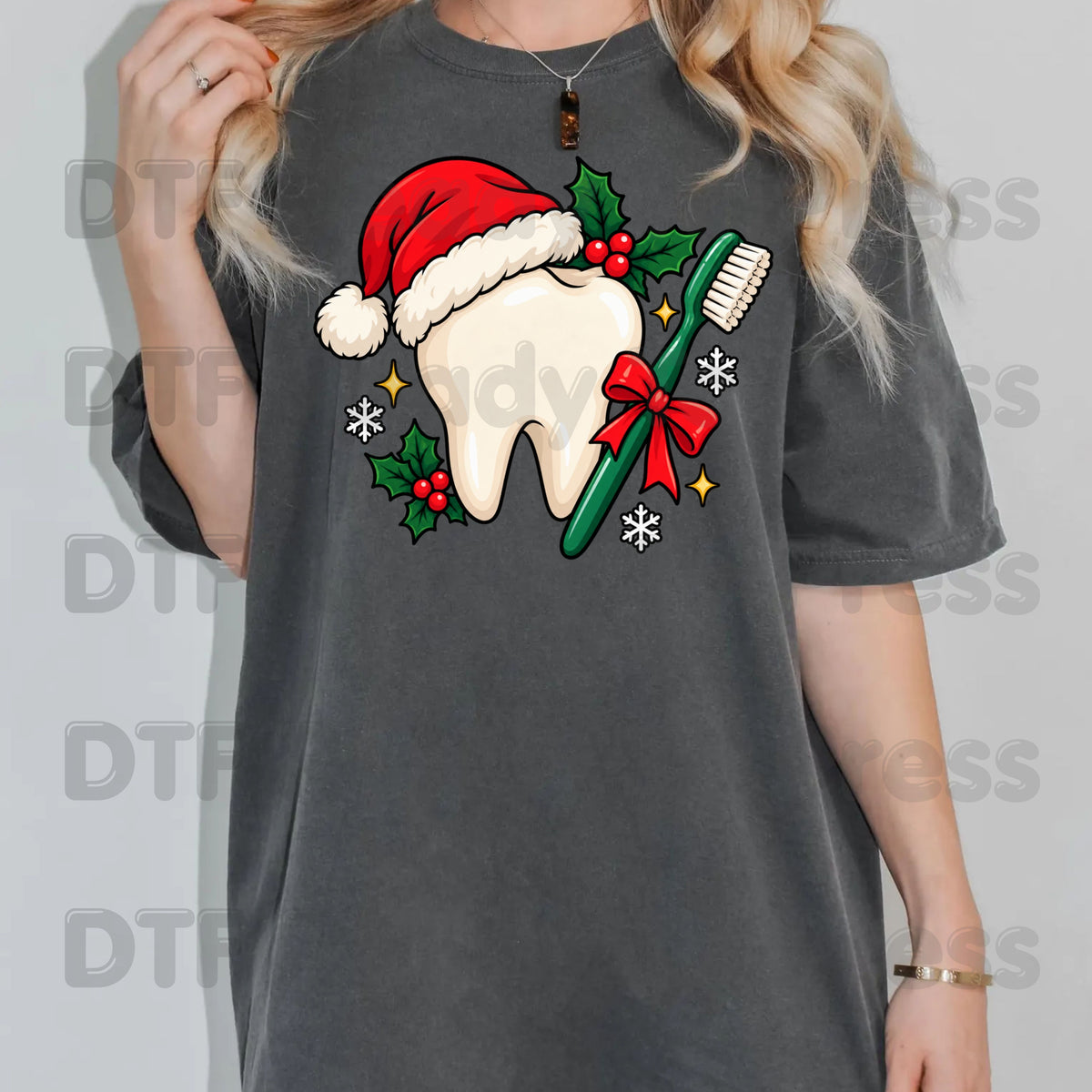 Christmas Tooth Santa Hat DTF Transfers, Dental Holiday Toothbrush Dentist Graphic Ready to Press