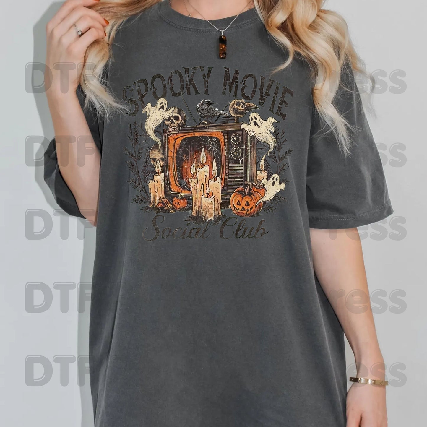 Spooky Movie Social Club DTF Transfers, Vintage Horror TV Ghosts Pumpkin Candles Halloween Ready to Press