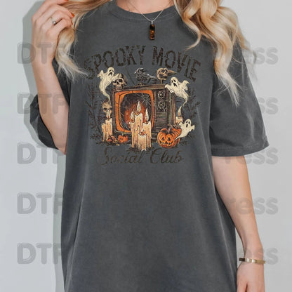 Spooky Movie Social Club DTF Transfers, Vintage Horror TV Ghosts Pumpkin Candles Halloween Ready to Press