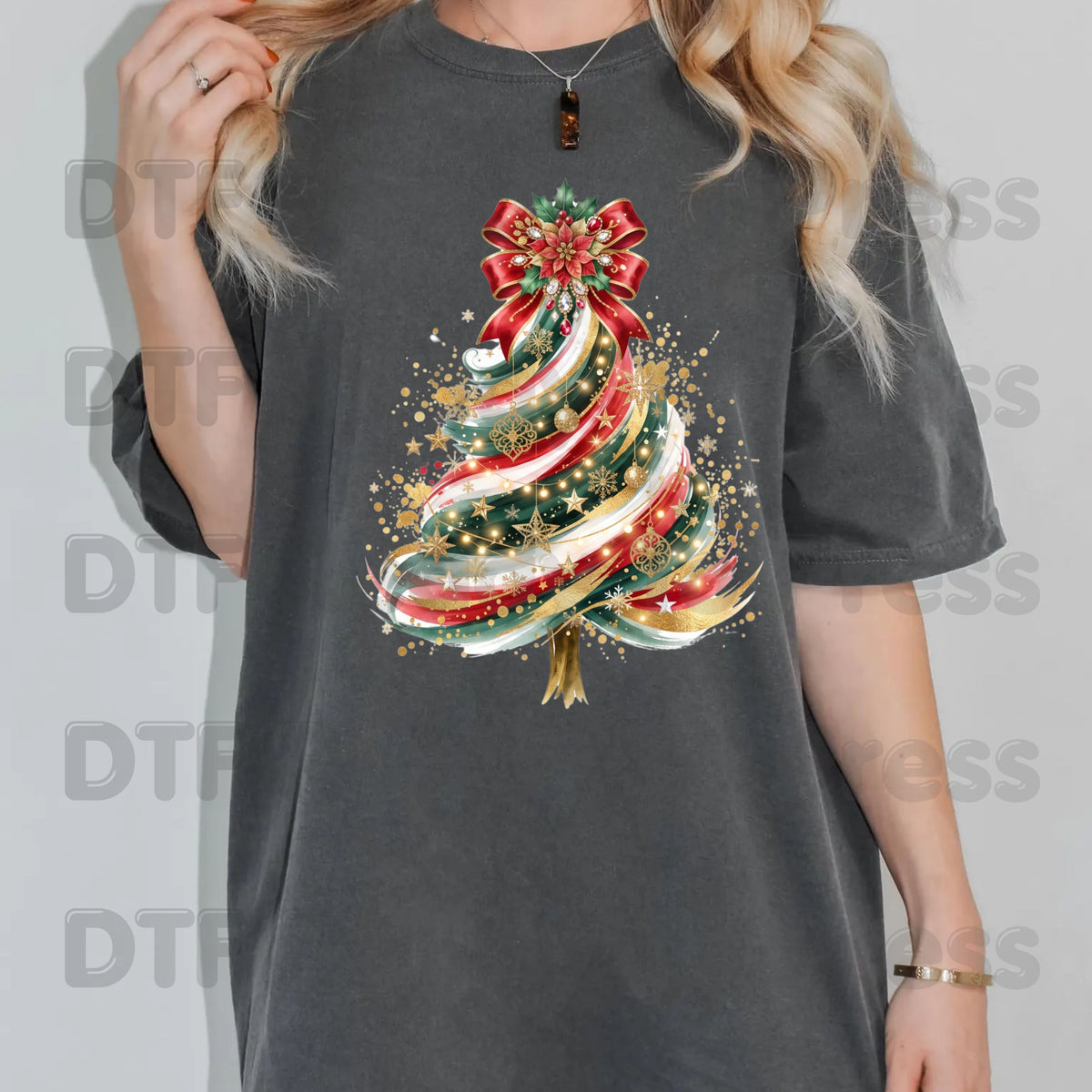 Christmas Tree DTF Transfers, Elegant Ribbon Bow Gold Glitter Holiday Ready to Press