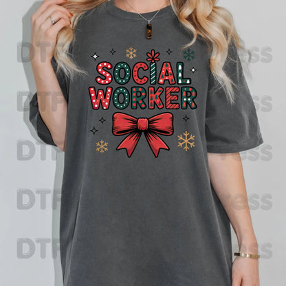 Christmas Social Worker Bow DTF Transfers, Community Snowflake Polka Dot Holiday Ready to Press