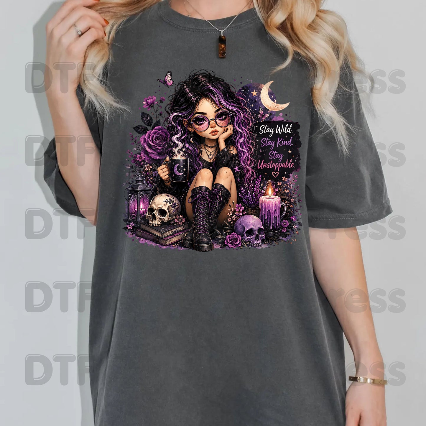 Stay Wild Stay Kind DTF Transfers, Purple Goth Girl Skull Crescent Moon Witchy Ready to Press
