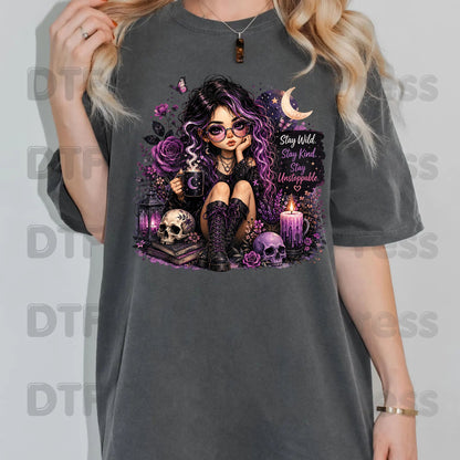 Stay Wild Stay Kind DTF Transfers, Purple Goth Girl Skull Crescent Moon Witchy Ready to Press