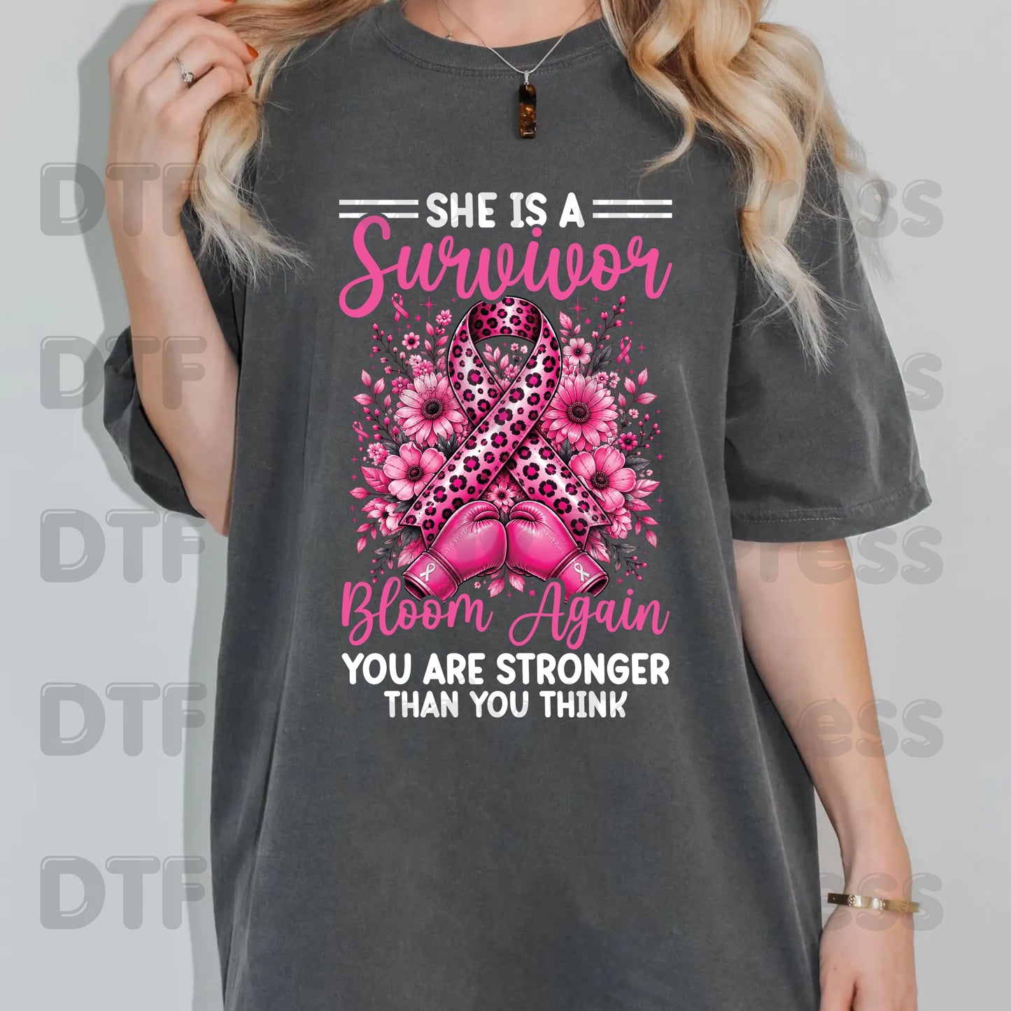Survivor Bloom Again Breast Cancer Awareness DTF Transfer Ready to Press Heat Transfer Leopard Floral Tee