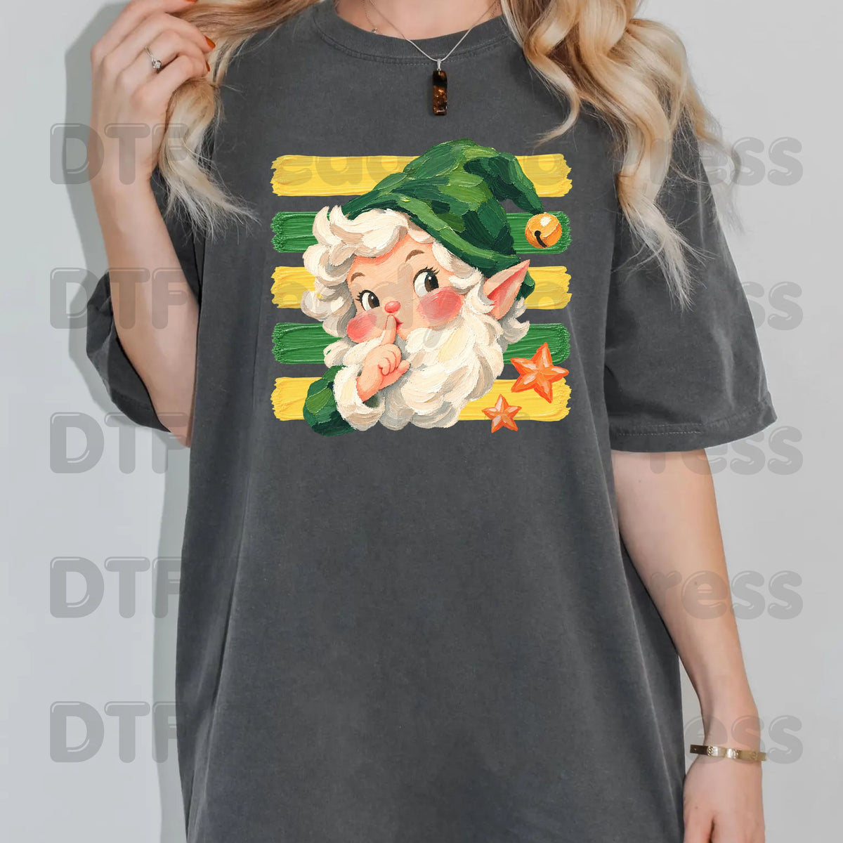Vintage Shushing Gnome DTF Transfers, Elf Yellow Green Stripes Cute Christmas Holiday Ready to Press