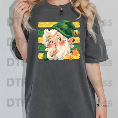 Vintage Shushing Gnome DTF Transfers, Elf Yellow Green Stripes Cute Christmas Holiday Ready to Press