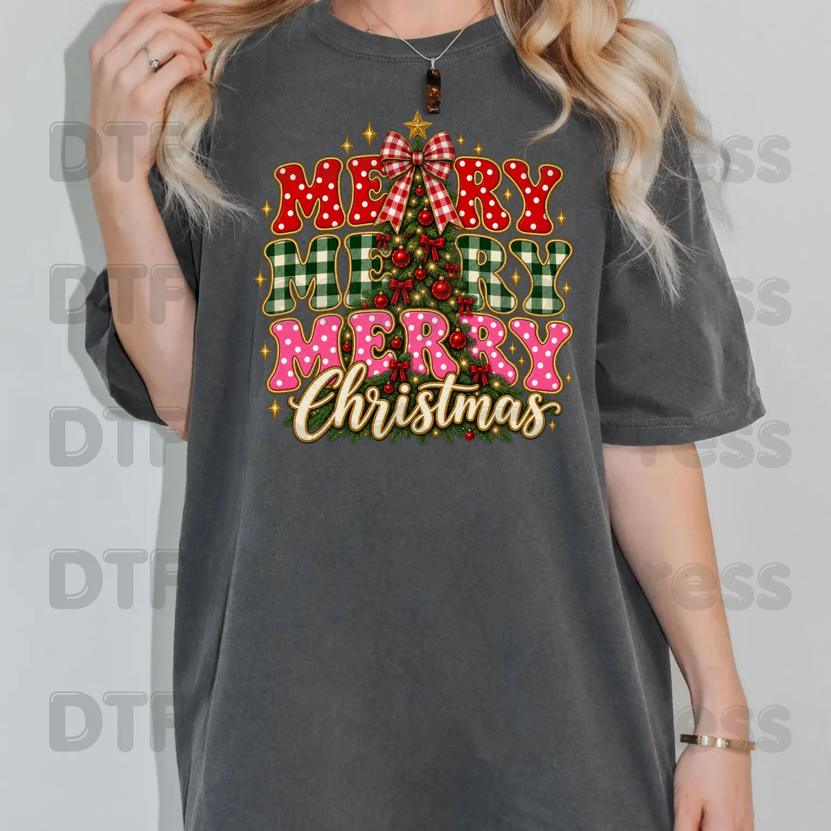 Merry Merry Christmas Tree DTF Transfers, Plaid Polka Dot Pink Holiday Ready to Press