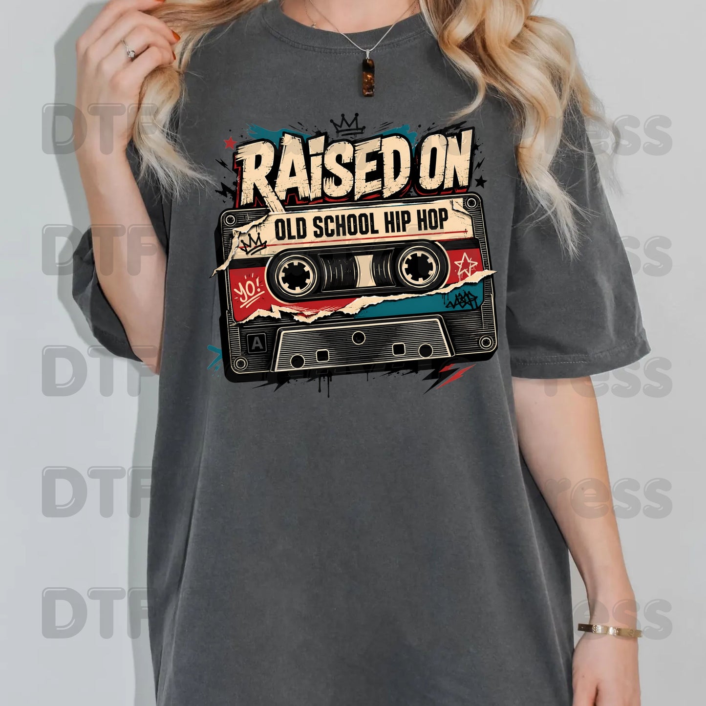 Vintage Cassette Tape DTF Transfers, Raised on Old School Hip Hop Retro Music Graffiti Crown Ready to Press