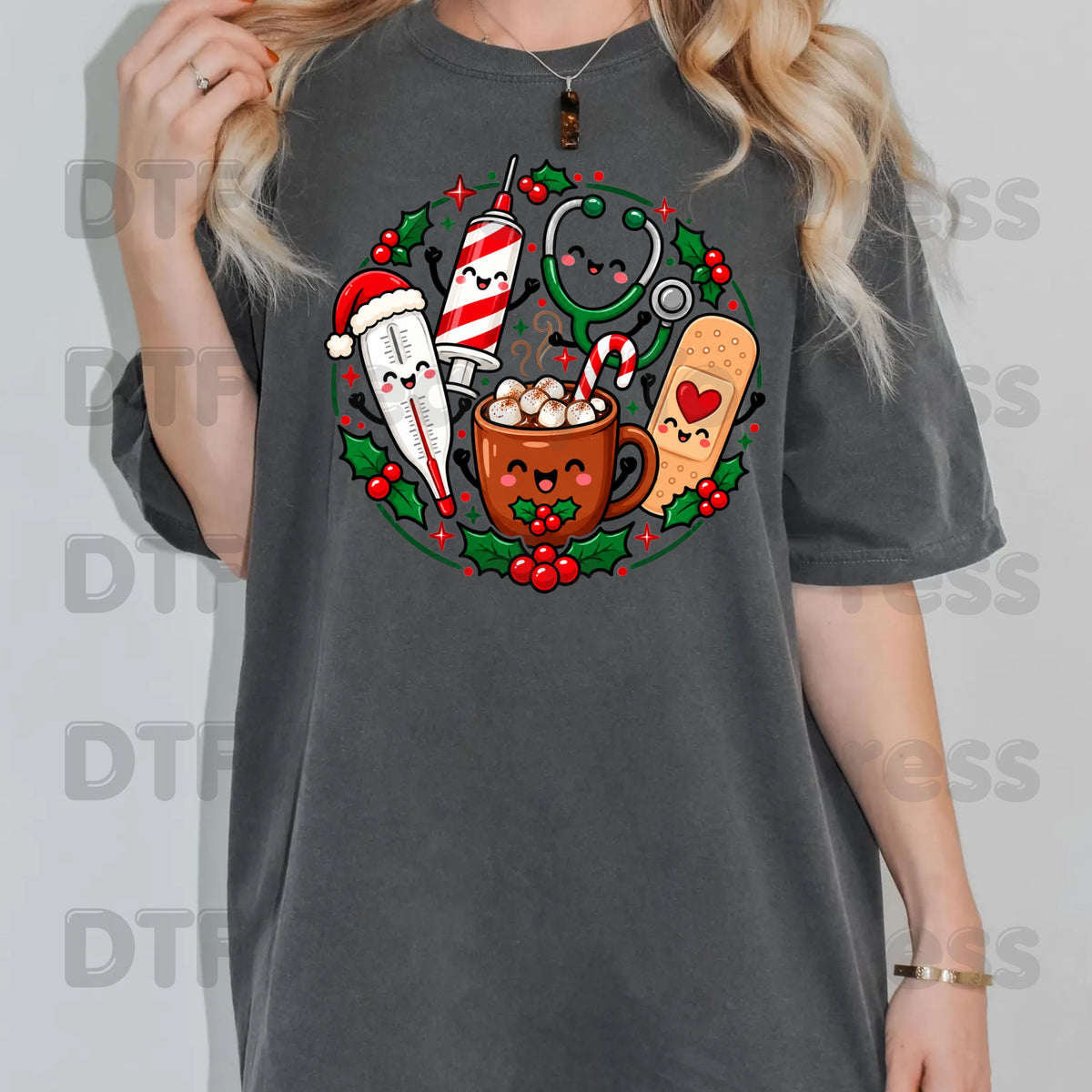 Christmas Medical Squad DTF Transfers, Cute Nurse Holiday Cocoa Stethoscope Graphic Ready to Press