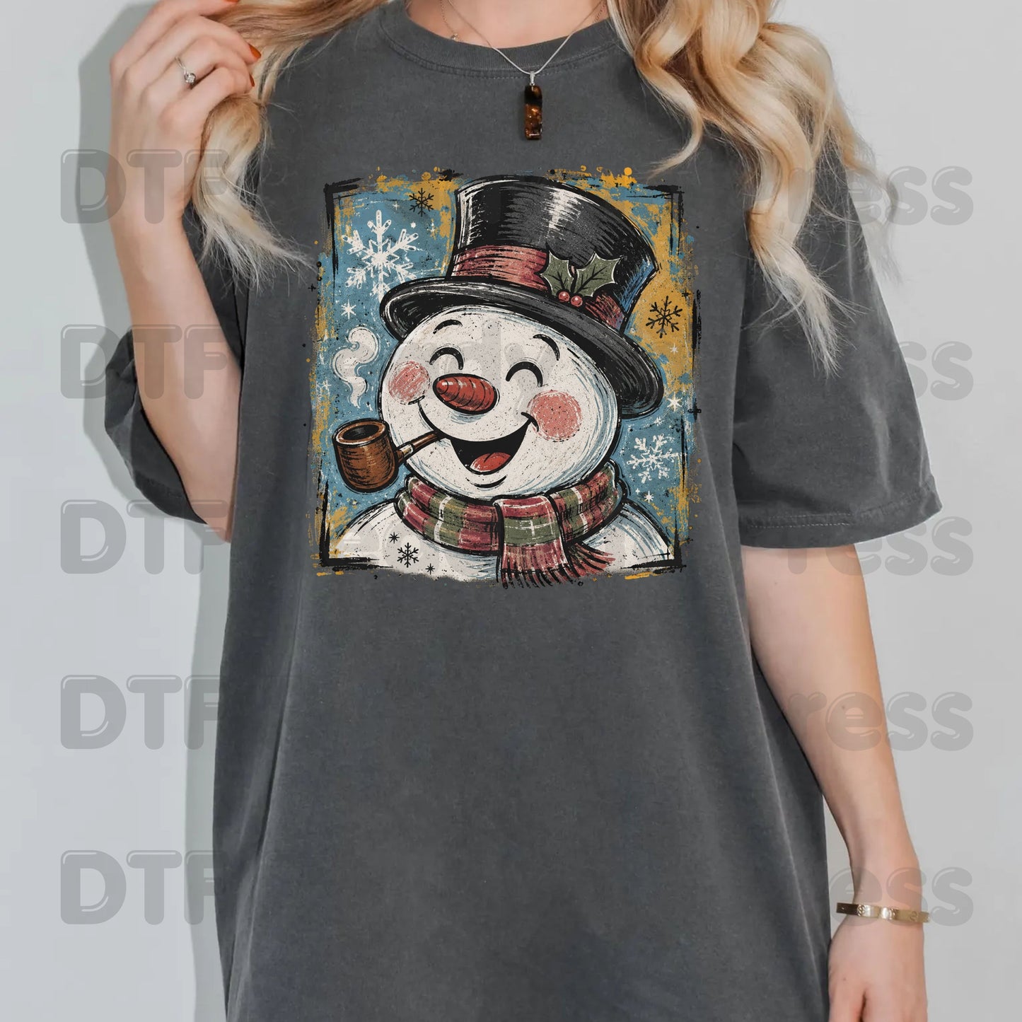Vintage Snowman DTF Transfers, Top Hat Pipe Snowflakes Scarf Christmas Ready to Press