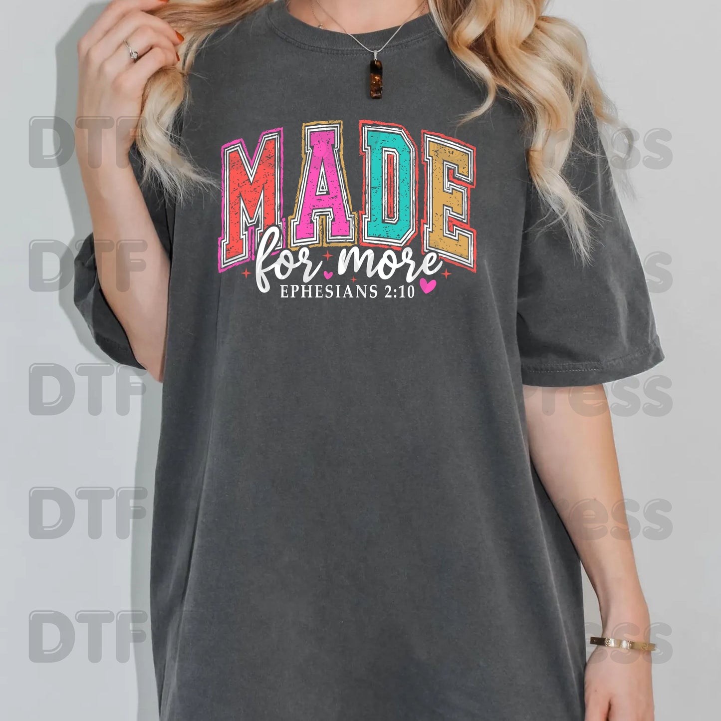 Made For More Christian DTF Transfer Ready to Press Ephesians 2 10 Heat Transfer For Shirts Christian Bible Verse Colorful Varsity Bright Print