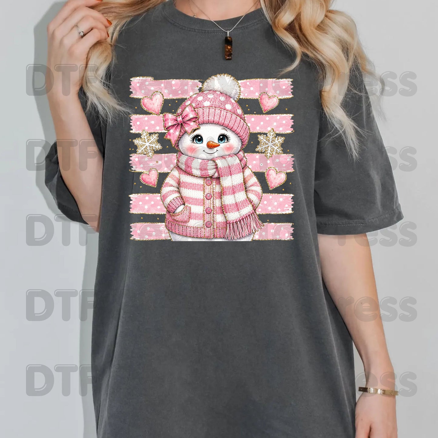 Cute Pink Snowgirl DTF Transfers, Winter Snowman Beanie Bow Pink Stripes Hearts Ready to Press