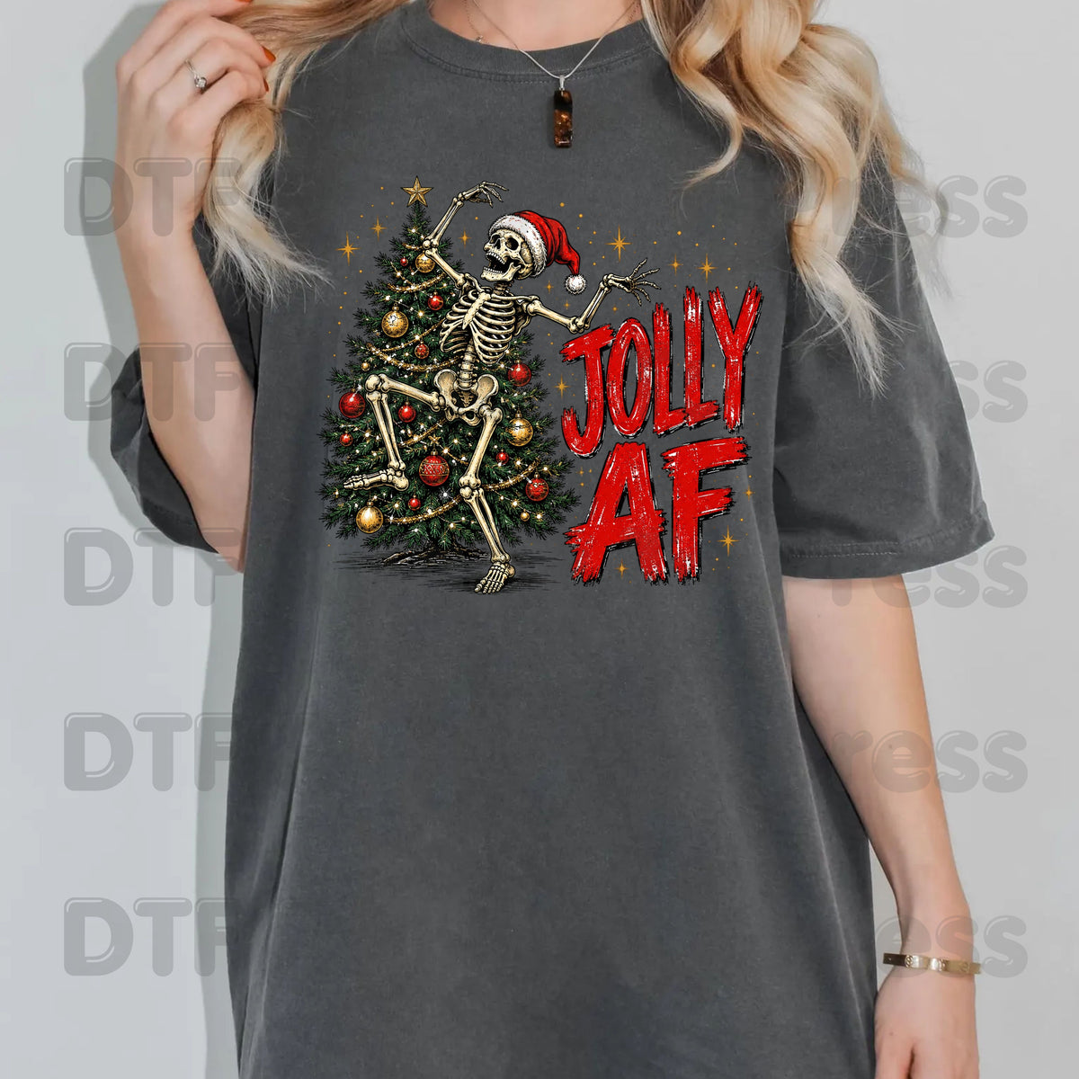Jolly AF Skeleton DTF Transfers, Santa Hat Christmas Tree Funny Holiday Ready to Press