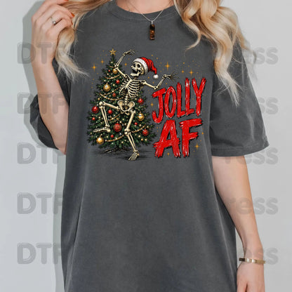 Jolly AF Skeleton DTF Transfers, Santa Hat Christmas Tree Funny Holiday Ready to Press