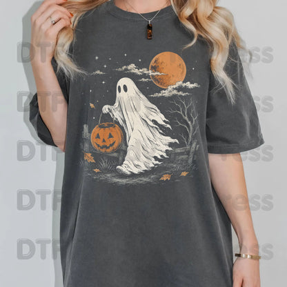 Vintage Halloween Ghost DTF Transfers, Jack O Lantern Full Moon Sepia Neutral Tones Spooky Fall Ready to Press