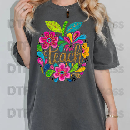 Teacher DTF Transfers, Teach Floral Apple Colorful Back to School Teacher Life Ready to Press