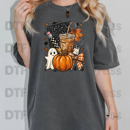 Spooky Teacher DTF Transfer Ready to Press Halloween Fall Heat Transfer For Shirts Iced Coffee Ghost Pumpkin Pencil Composition Notebook