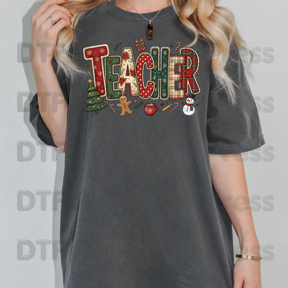 Christmas Teacher Patchwork DTF Transfers, School Snowman Plaid Holiday Ready to Press