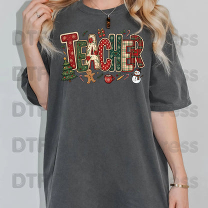Christmas Teacher Patchwork DTF Transfers, School Snowman Plaid Holiday Ready to Press