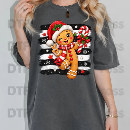 Gingerbread Man DTF Transfers, Candy Cane Santa Hat Black White Stripes Cute Christmas Ready to Press