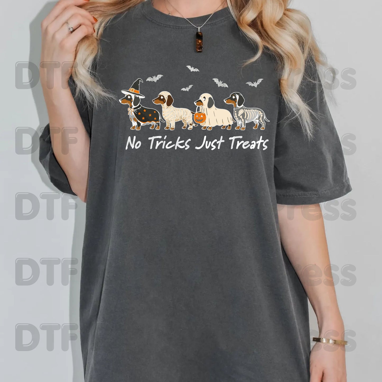 Halloween Dachshund DTF Transfer Ready to Press No Tricks Just Treats Heat Transfer For Shirts Skeleton Ghost Mummy Wiener Dog Spooky Print