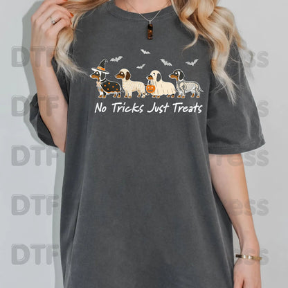Halloween Dachshund DTF Transfer Ready to Press No Tricks Just Treats Heat Transfer For Shirts Skeleton Ghost Mummy Wiener Dog Spooky Print