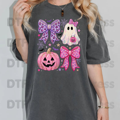 Coquette Halloween Ghost DTF Transfers, Pink Pumpkin Leopard Bow Spooky Cute Ready to Press