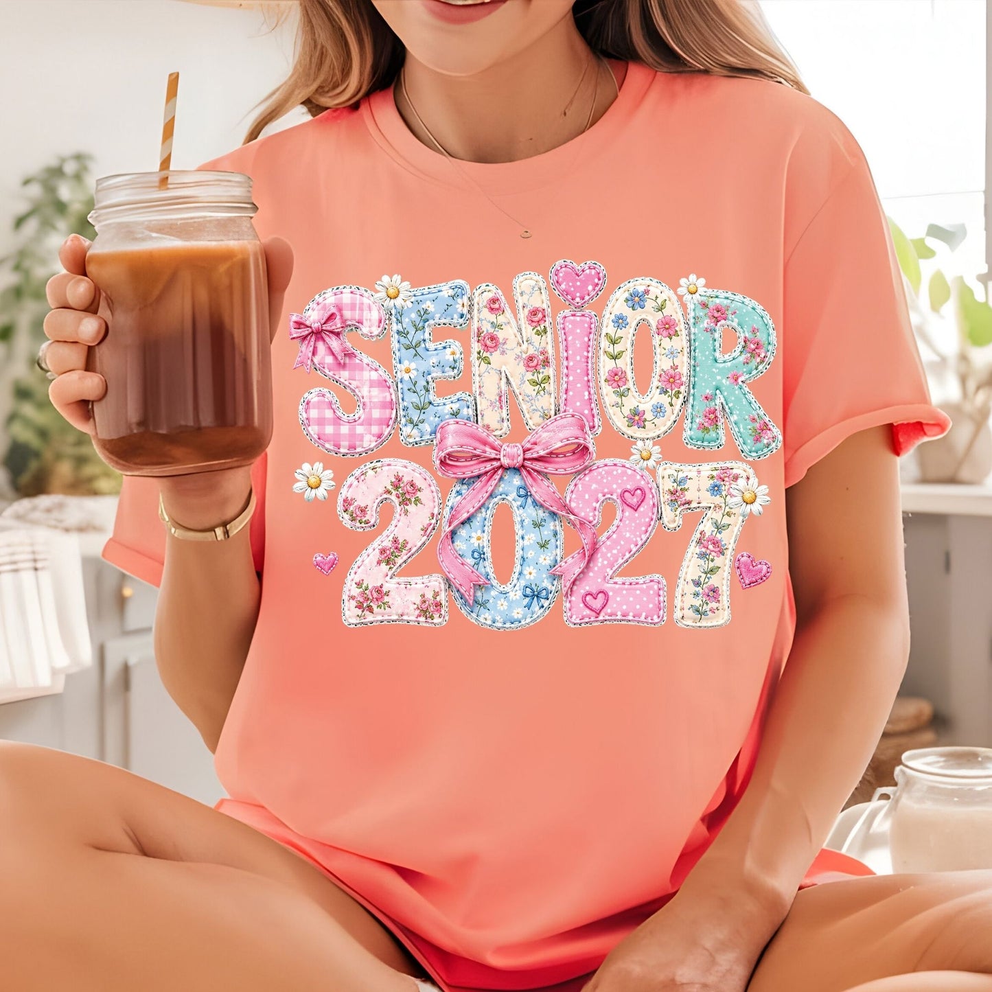 Senior 2027 DTF Transfer Ready to Press Graduation Heat Transfer for Shirts Floral Patchwork Quilted Pink Bow Coquette Graphic Tee