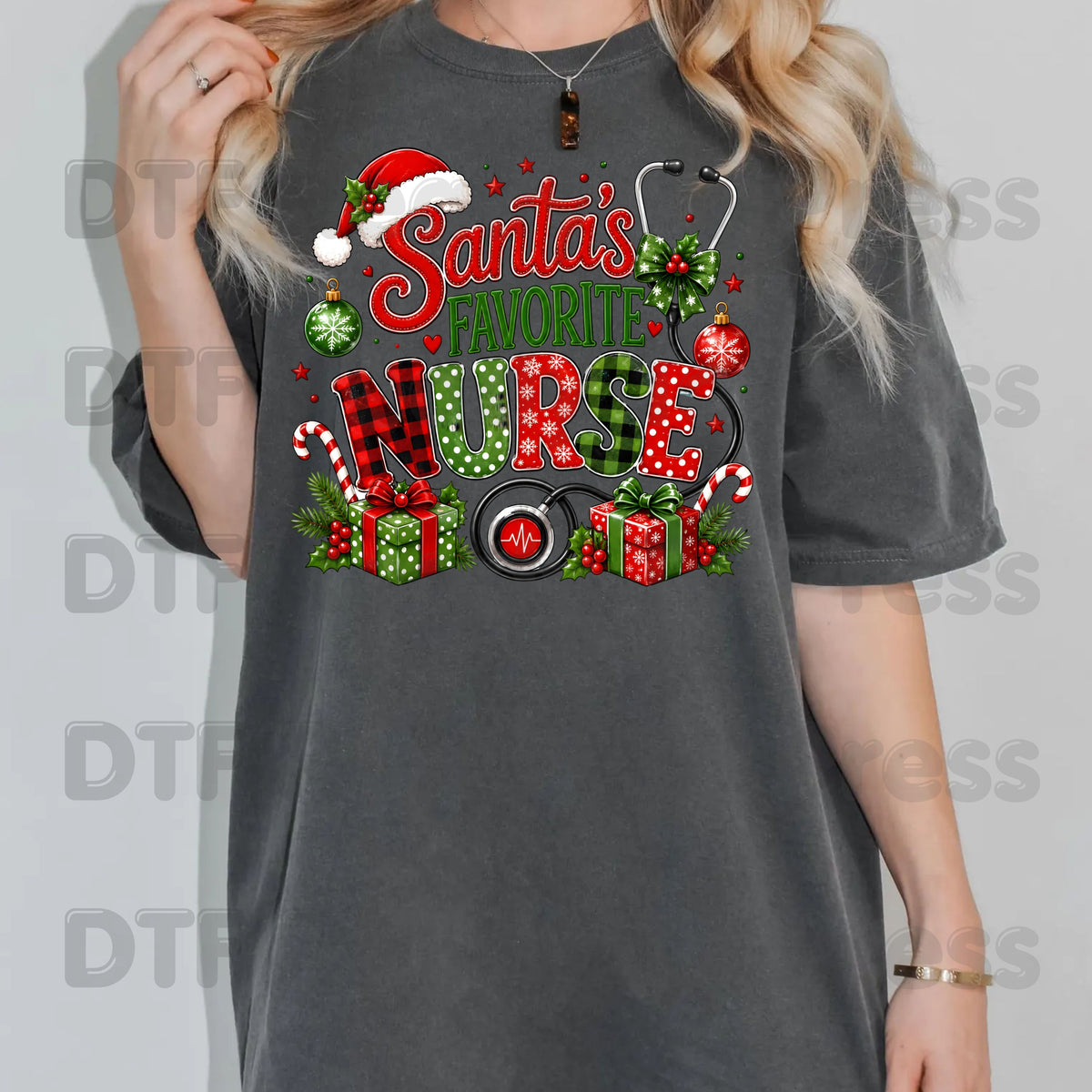 Santa's Favorite Nurse DTF Transfers, Christmas Medical Nursing Stethoscope Holiday Ready to Press