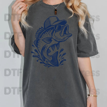 Fishing DTF Transfer, Bass Fish with Sunglasses and Trucker Hat Graphic